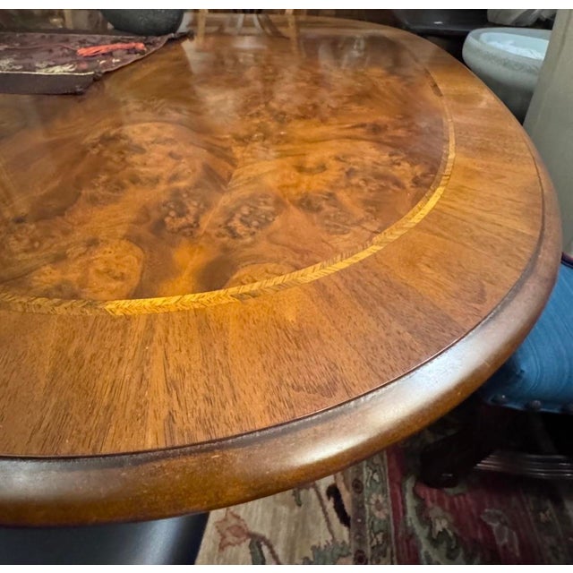 Brown Monumental 12-Foot Figured Burl Wood Triple Pedestal Extension Dining Table For Sale - Image 8 of 9