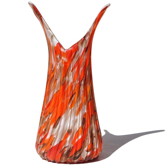 Mid-Century Modern Murano Fratelli Toso Vintage Bright Orange Copper Aventurine Flecks Italian Art Glass Flared Rim Flower Vase For Sale - Image 3 of 10