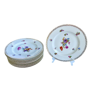 Mid 20th Century Dresden Hand Painted Dinner Plates - Set of 10