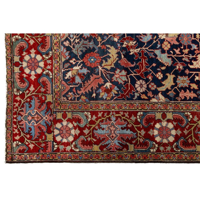 Late 19th Century 19th Century Antique Heriz Style Wool Rug With Deep Indigo All-Over Floral For Sale - Image 5 of 11