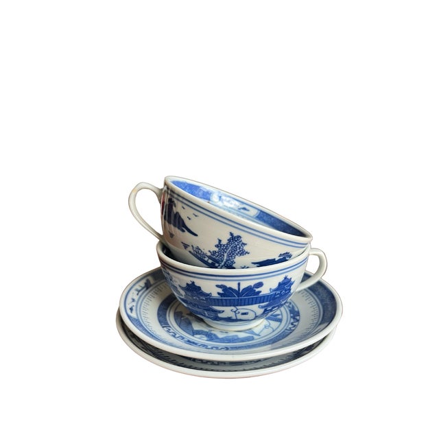 Chinese 1970s St of 4 Jingdezhen Zhi,Pagoda Blue/Wht., Porcelain Tea Cups and Saucers For Sale - Image 3 of 4