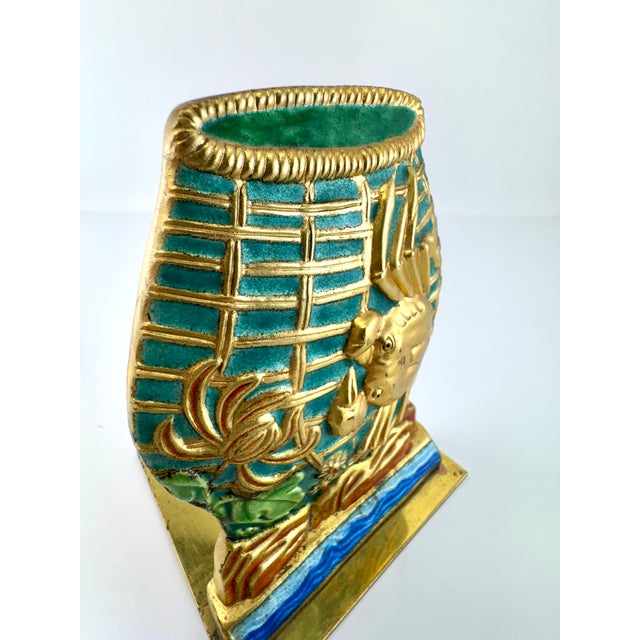 Metal Vintage Chinoiserie Fish Motif Bookends in Gilt and Jewel-Tone Enamel For Sale - Image 7 of 12