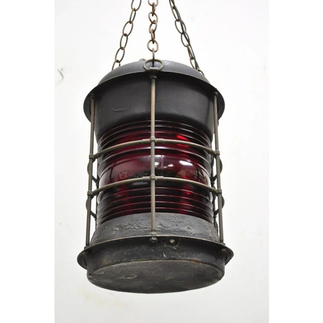 Antique Durkee Marine Ship Lantern Fixture Red Fresnel Pendant Chandlier (B) For Sale - Image 10 of 13