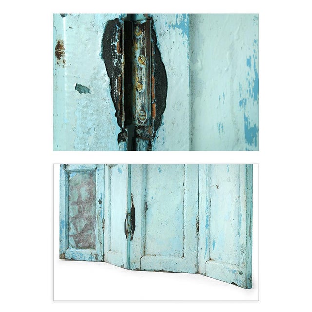 Blue Wood 4-Leaves Foldable Screen For Sale - Image 3 of 5