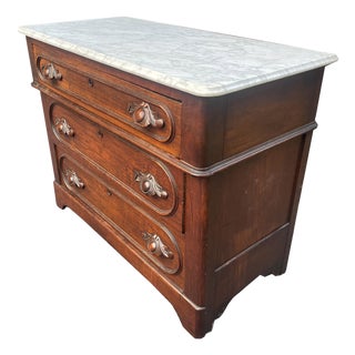 1800s Walnut Marble-Top Dresser With Carved Drawer Pulls For Sale
