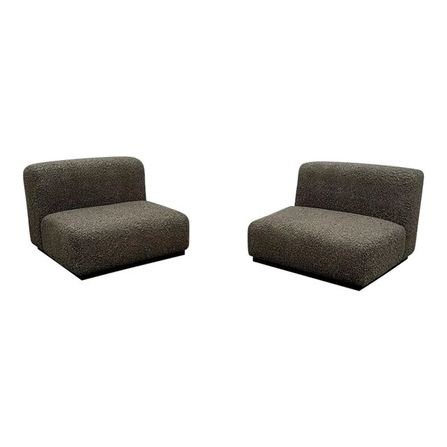 Stendig, Low Slipper Chairs, Gray Boucle, Painted Wood, Switzerland, 1960s For Sale