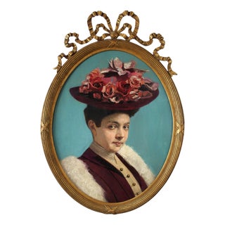Portrait of Lady with Hat, 1800s, Oil Painting, Framed For Sale