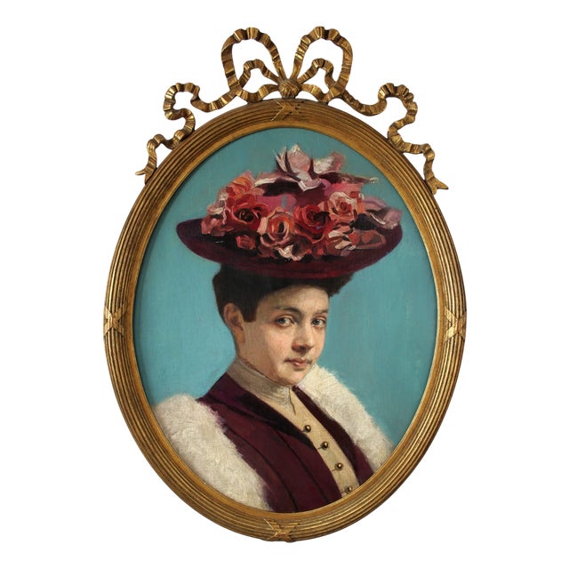 Portrait of Lady with Hat, 1800s, Oil Painting, Framed For Sale