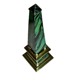 Tall Vintage Faux Malachite and Brass Obelisk Sculpture For Sale