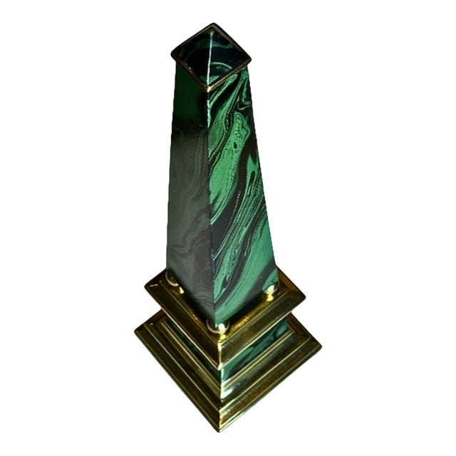 Tall Vintage Faux Malachite and Brass Obelisk Sculpture For Sale