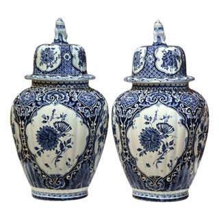 Pair of Mid-Century Dutch Delft Blue and White Faience Ginger Jars For Sale