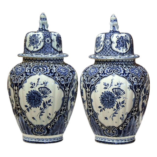 Pair of Mid-Century Dutch Delft Blue and White Faience Ginger Jars For Sale