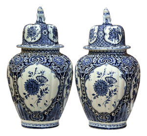 Pair of Mid-Century Dutch Delft Blue and White Faience Ginger Jars