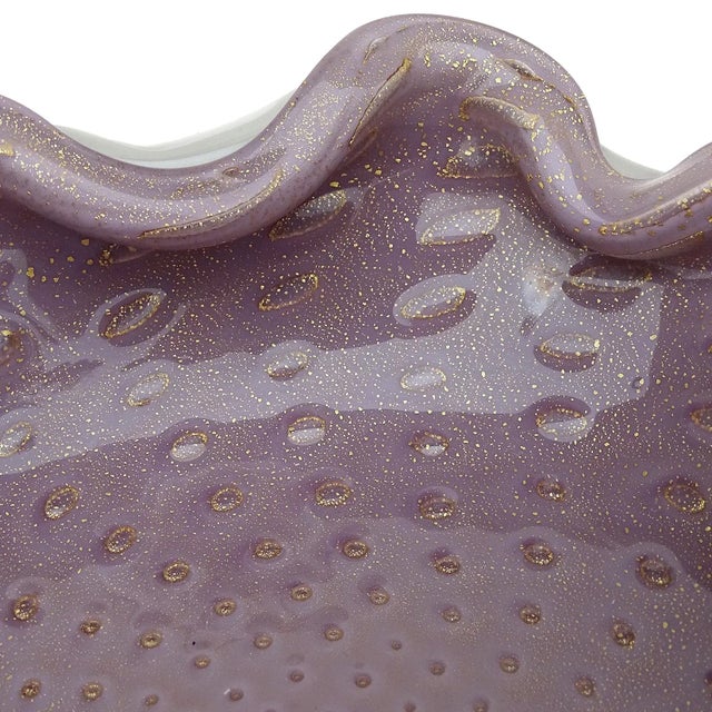 Murano Vintage Barbini Murano White Over Purple Gold Flecks Italian Art Glass Bubbles Bowl Ashtray For Sale - Image 4 of 6