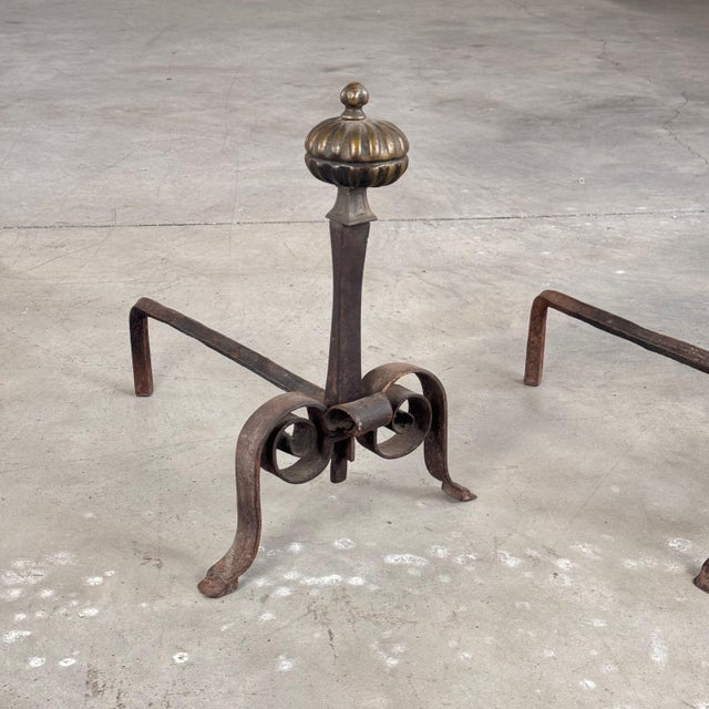 Antique Wrought Iron Andirons with Fluted Design and Bronze Finials, Set of 2 For Sale - Image 14 of 15