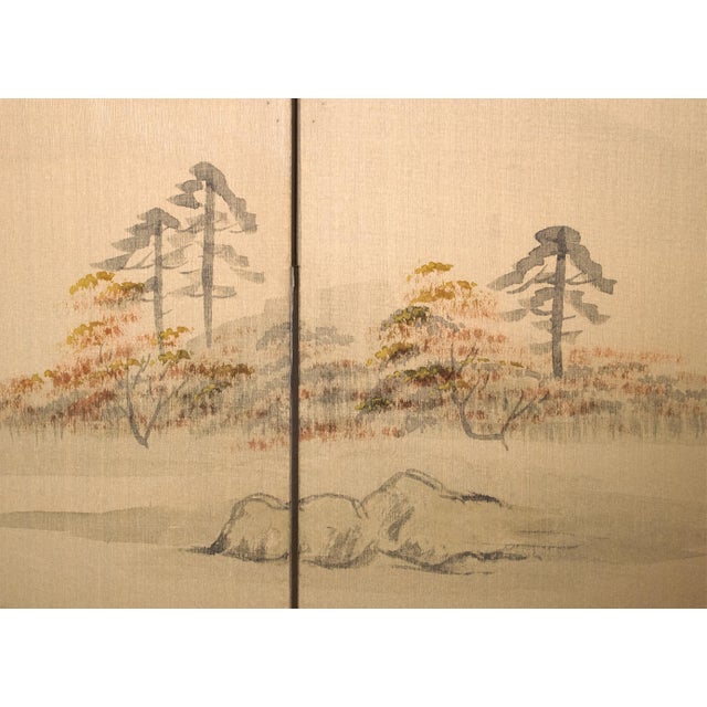 1960s Shōwa Era Japanese Silk Byobu Screen "Mountain Landscape With Houses" For Sale - Image 12 of 17