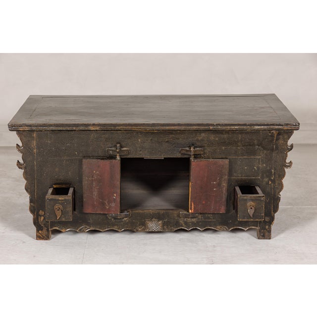 Low Kang Carved Sideboard with Brown Distressed Finish and Two Small Doors For Sale - Image 4 of 12