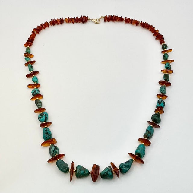 1980s Vintage Boho Chic Baltic Amber & Faux Turquoise Nugget Beaded Necklace - 26” For Sale - Image 4 of 11