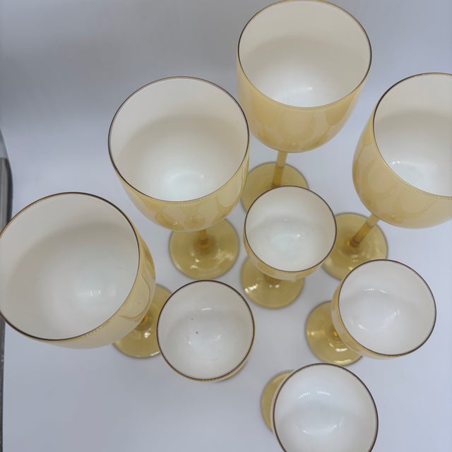 Amber 1970s Carlo Moretti Murano Style Cased Glass Stemware – Set of 8 Amber & White Wine and Water Goblets For Sale - Image 8 of 9