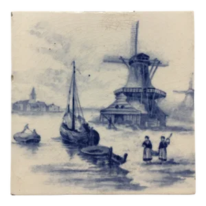 Delft Windmill Scene Hand Painted Porcelain Tile