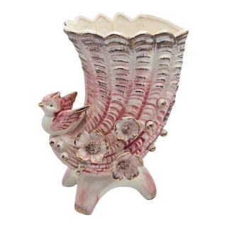 Vintage Pink Ceramic Cornucopia Vase W/ Applied Bird & Flowers For Sale