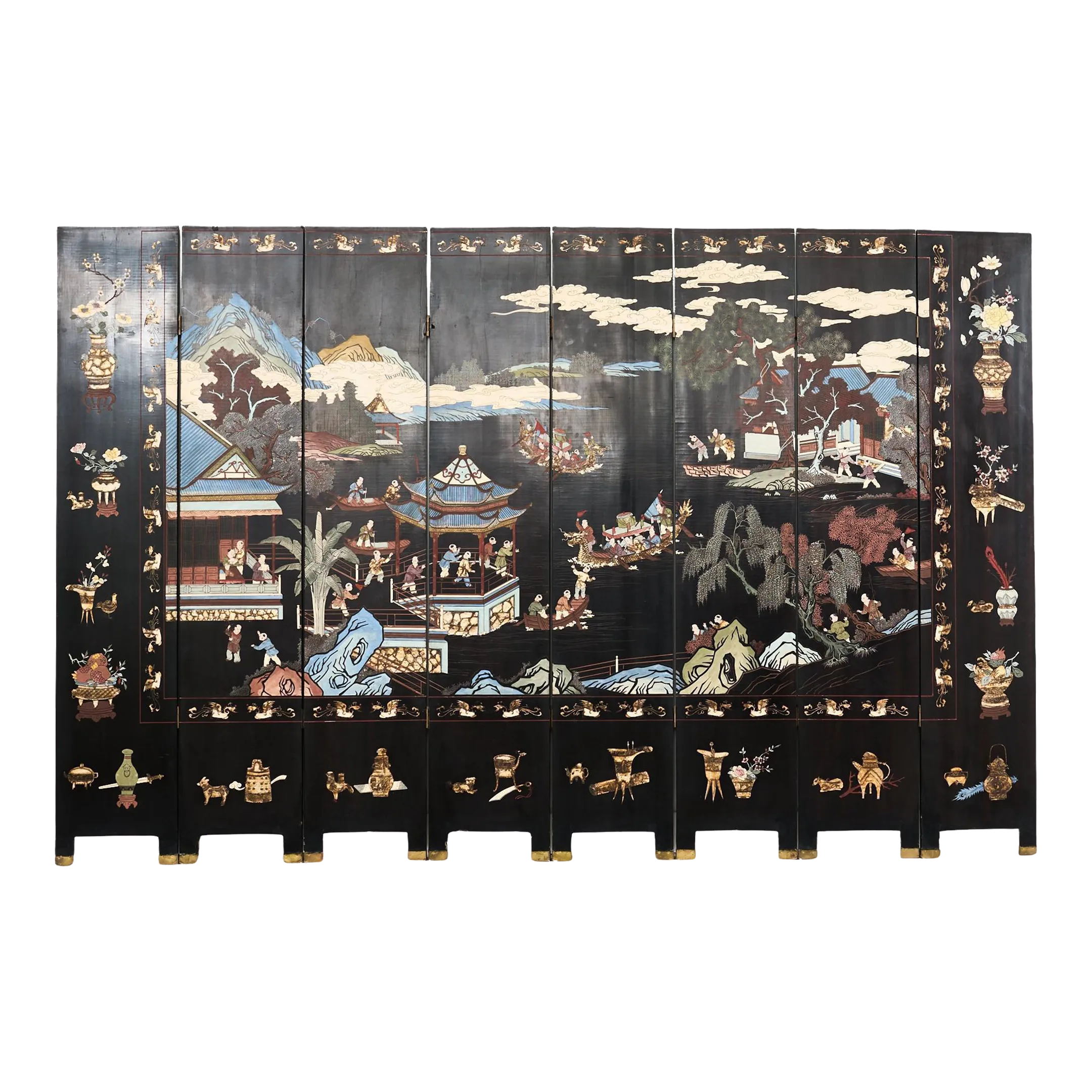 Chinese Export Eight Panel Coromandel Screen Blue Mountain