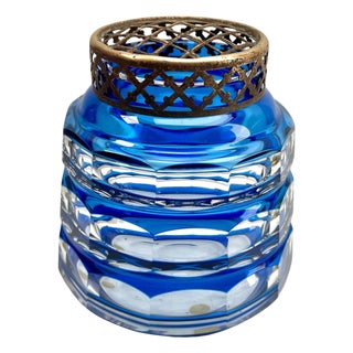 Cobalt Pique Fleurs Vase in Crystal Cut-to-Clear with Grille from Val Saint Lambert, 1935 For Sale
