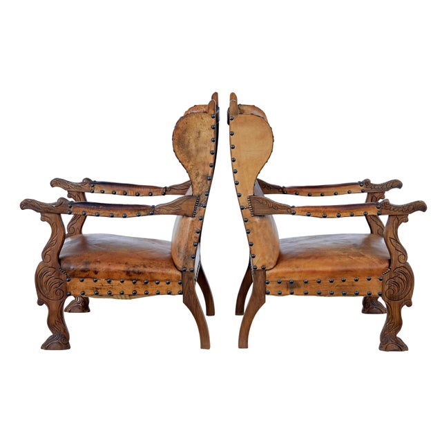 Carved Oak and Leather Armchairs, 1890, Set of 2 For Sale - Image 4 of 10