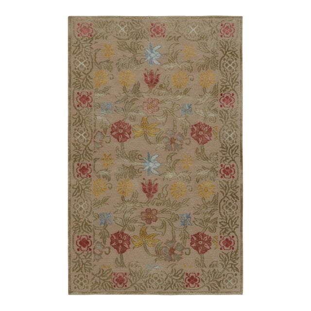 Rug & Kilim’s Spanish European Rug in Beige With Floral Patterns “Bilbao” For Sale