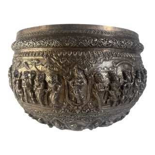 Late 19th C. Massive Silver Figurative Bowl With Vessantara Jataka Scenes, Burma - 1 Piece For Sale