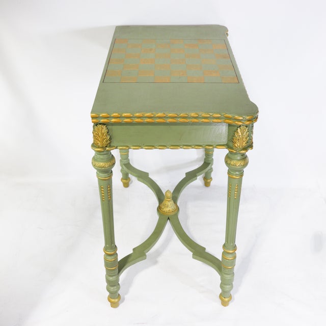 Pistachio Vintage Neoclassical Green and Gilt Accent Game Table With Reversible Chess/Backgammon Top For Sale - Image 8 of 16