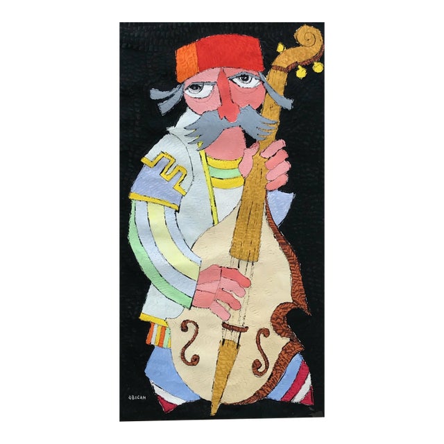 1970s Jovan Obican Guitar Player Original Acrylic Painting For Sale