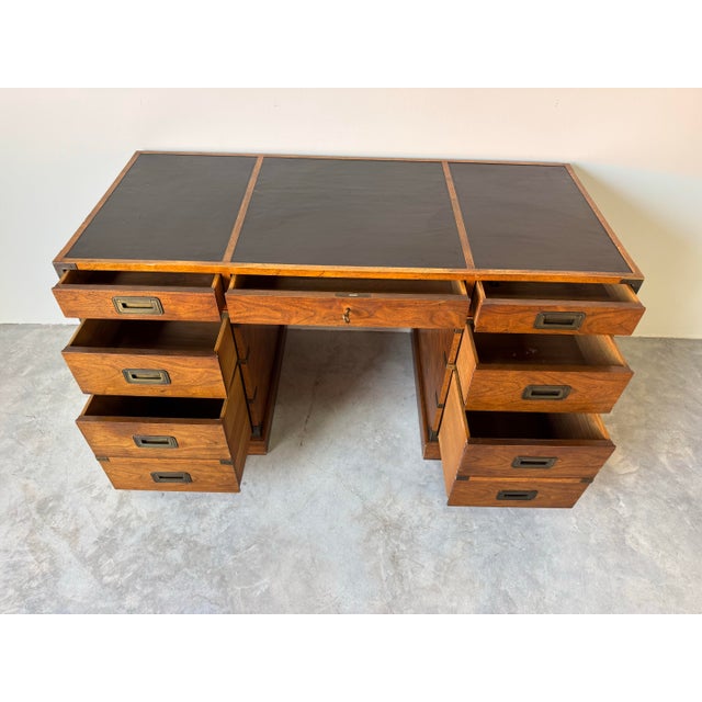 Hollywood Regency Baker Furniture Milling Road Hollywood Regency Campaign-Style Walnut Desk With Leather Top/ Sold For Sale - Image 3 of 12