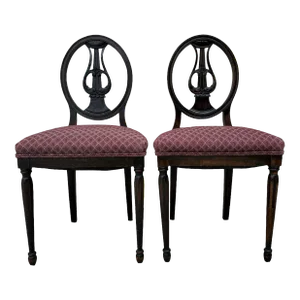 1930s Music Chairs With Koi Dolphin Carvings and Vintage Fabric- Set of 2