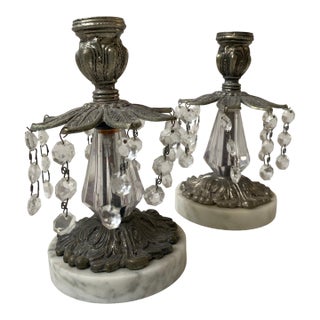 Brass Candle Holders Vintage Set of 2 Marble Based With Glass Prisms For Sale