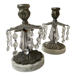 Brass Candle Holders Vintage Set of 2 Marble Based With Glass Prisms