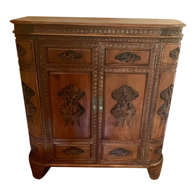 1960s Mid-Century Hand-Carved Asian Flip Top Bar Cabinet For Sale