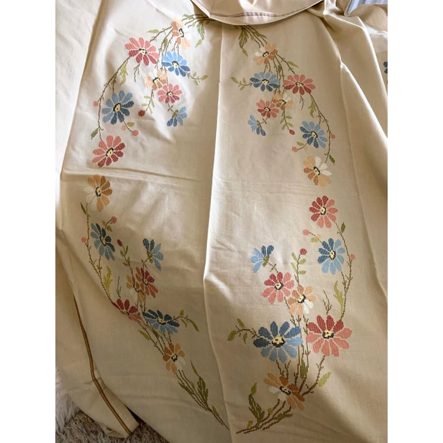 Vintage Cretan Hand Embroidered Cross Stitch Floral Tablecloth Tan- Ecru Autumnal Linen For Sale - Image 4 of 12