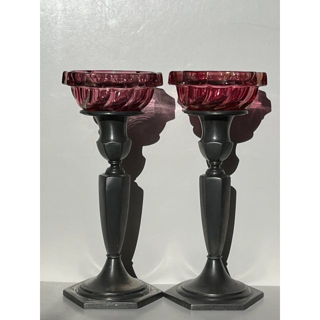 Platinum 1940s Pewter Candlestick Holders With Cranberry Glass Cup - a Pair For Sale - Image 8 of 8