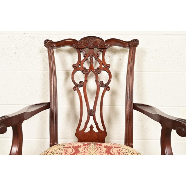 Ethan Allen Chippendale Carved Mahogany Armchairs or Dining Captain Chairs, Pair For Sale In South Bend - Image 6 of 14