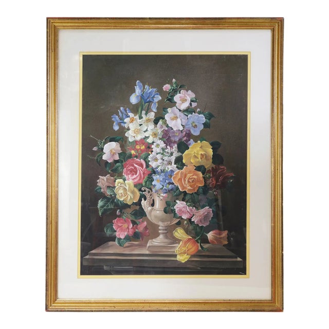 Vintage Floral Still Life Painting With Iris Roses and Camellias in Ornate Gold Frame For Sale