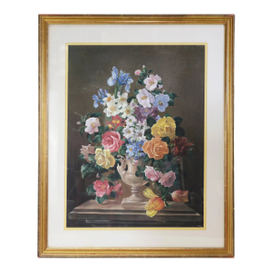 Vintage Floral Still Life Painting With Iris Roses and Camellias in Ornate Gold Frame