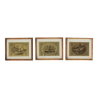 Vintage Nautical-Themed Gold Foil Ship Wall Hangings in Gilded Wood Frames S/3 For Sale