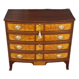 1990s Henkel Harris Mahogany & Flame Birch Inlaid Rogers Bowfront Dresser Chest For Sale