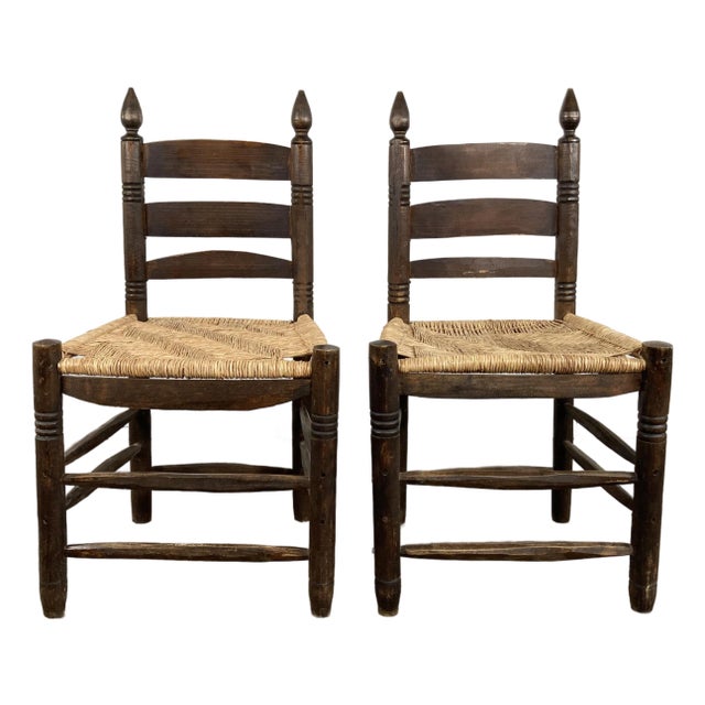 Vintage Primitive Turned Wood Woven Seat Ladderback Chairs, a Pair For Sale