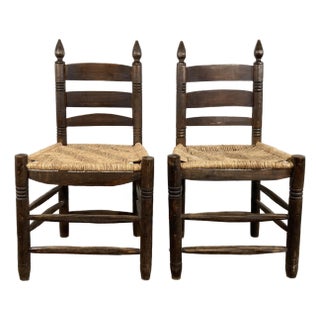 Vintage Primitive Turned Wood Woven Seat Ladderback Chairs, Pair For Sale