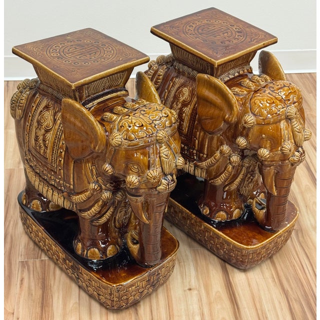 Chinoiserie Vintage Brown Ceramic Elephant Garden Stools, a Pair For Sale - Image 3 of 7