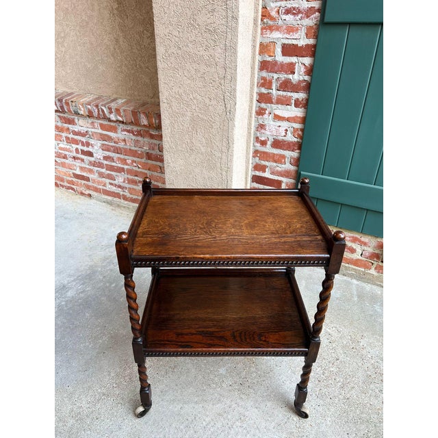 Antique English Barley Twist Tea Trolley Bar Cart Table Tiger Oak Dumbwaiter For Sale - Image 15 of 18