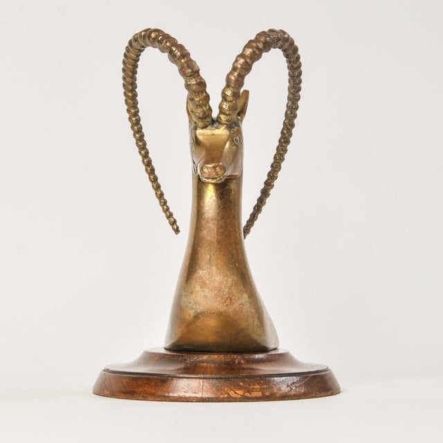 Mid 20th Century Huge Brass Gazelle Bust on Wood Single Bookend Made in Spain For Sale - Image 4 of 15