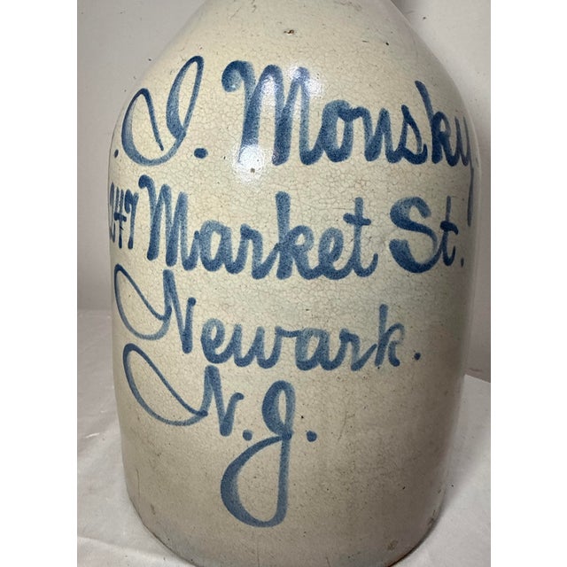 Antique 1800's J. Monsky Newark Nj Stoneware Salt Glazed Cobalt Pottery 2 Jug For Sale - Image 4 of 13